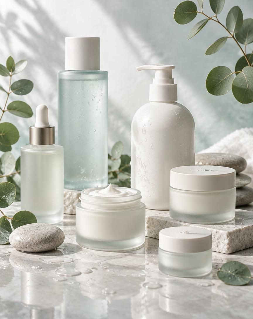 Prodotti skincare e cura del corpo su piano in pietra chiara con foglie di eucalipto