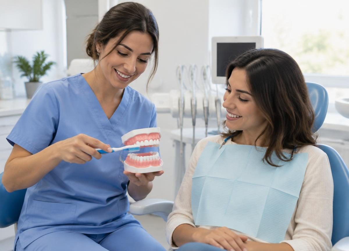 Igienista dentale che mostra a una paziente come lavare i denti con un modello dentale